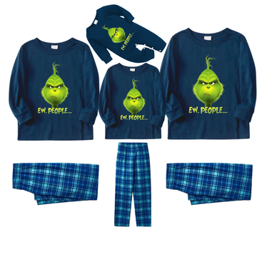 Christmas Cartoon Pattern and EW People Print Blue Long Sleeve Top With Blue Plaid Family Matching Pajamas