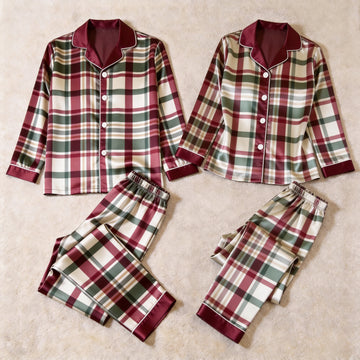 Classic Burgundy & Green Plaid Satin Matching Pajamas for Couples – Long Sleeve Button-Down Top & Pants Sleepwear Set