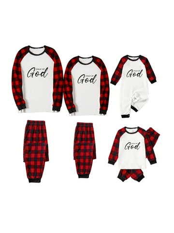 Child Of God Letter Print White Long Sleeve with Black&Red Plaid Pants Family Matching Pajamas