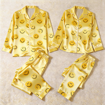 Cheerful Yellow Smiley Face Print Satin Matching Pajamas for Couples – Long Sleeve Button-Down Top & Pants Sleepwear Set