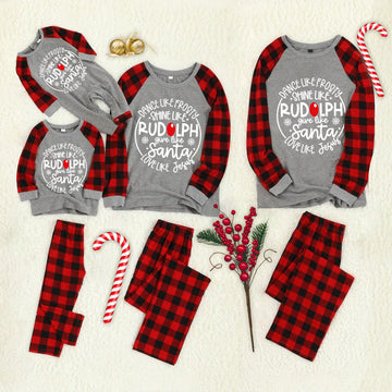 Christmas "Dance Like frosty. Shine Like Rudolph. Give Like Santa. Love like Jesus" Letter Print Patterned Grey Contrast top and Black & Red Plaid Pants Family Matching Pajamas Set With Dog Bandana