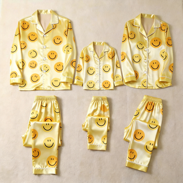 Yellow Smiley Face Print Satin Button-Up Family Pajamas Set
