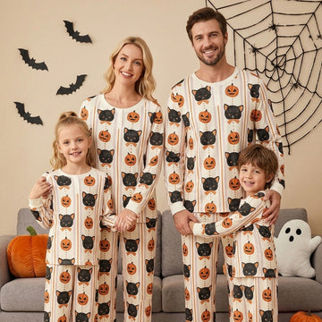 Cute Halloween Black Cat & Jack-O'-Lantern Print Matching Family Pajama Set, Long Sleeve Henley Cotton Loungewear