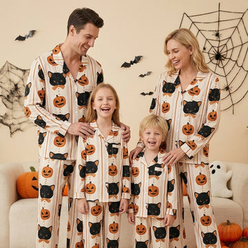Cute Halloween Black Cat & Jack-o'-Lantern Print Matching Family Pajama Set, Button-Down Cotton Loungewear