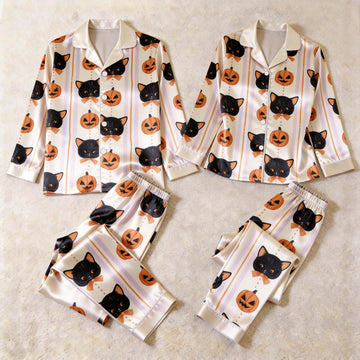 Spooky Halloween Black Cat & Pumpkin Print Satin Matching Pajamas for Couples – Long Sleeve Button-Down Top & Pants Sleepwear Set