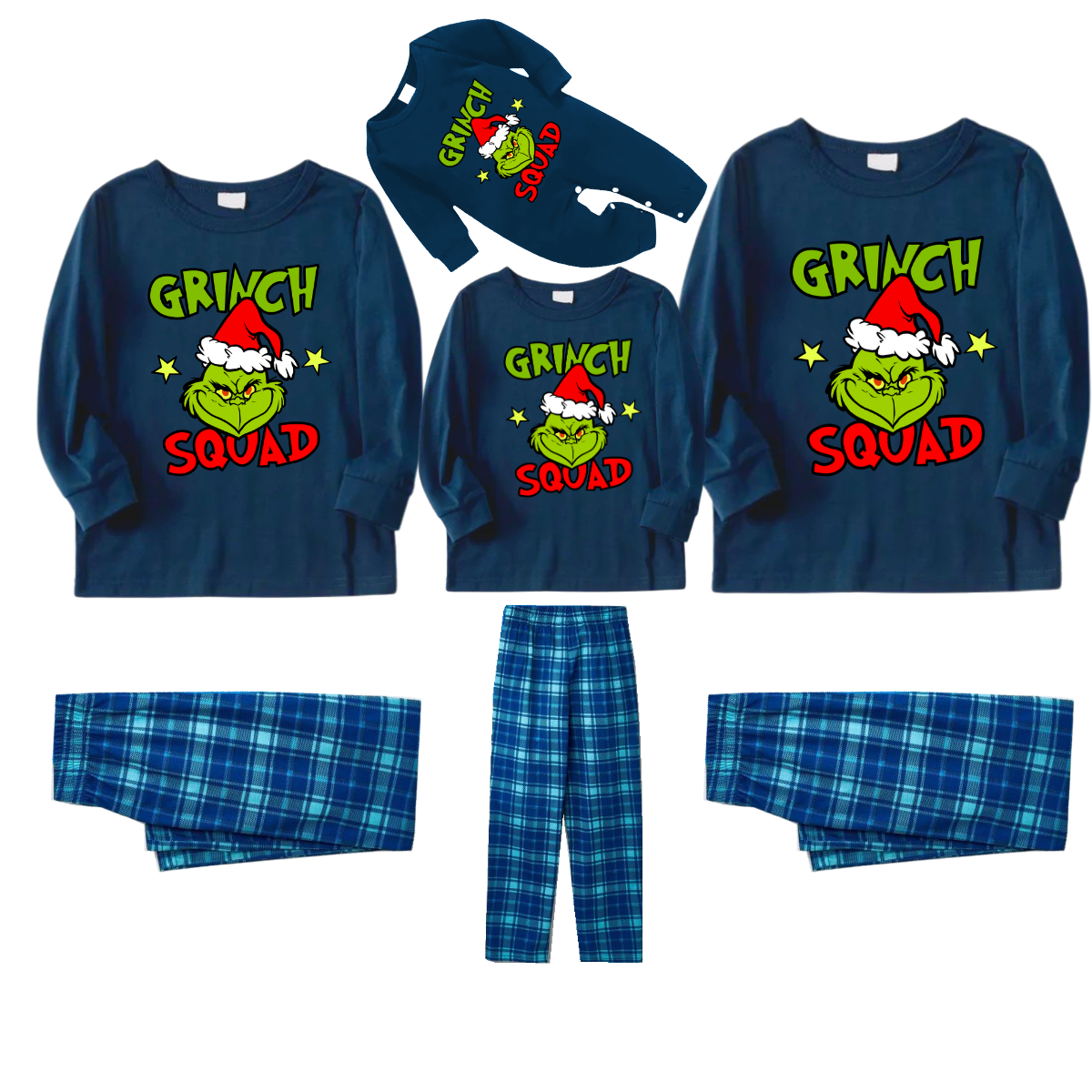 Christmas Cartoon Pattern and Text Print Blue Long Sleeve Top With Blue Plaid Family Matching Pajamas