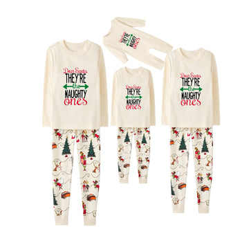 Beige Christmas Pattern Print Christmas Pajamas Set With Christmas Slogan Print