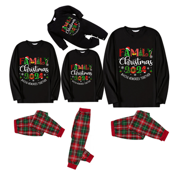 "Family Christmas 2024 Making Memories Together" Cute Text Printed Red and Green Plaid Christmas Family Matching Pajamas