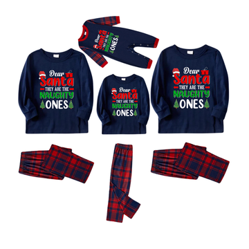 "Dear Santa They are The Naughty Ones" Slogan Printed Red and Blue Plaid Christmas Matching Pajamas