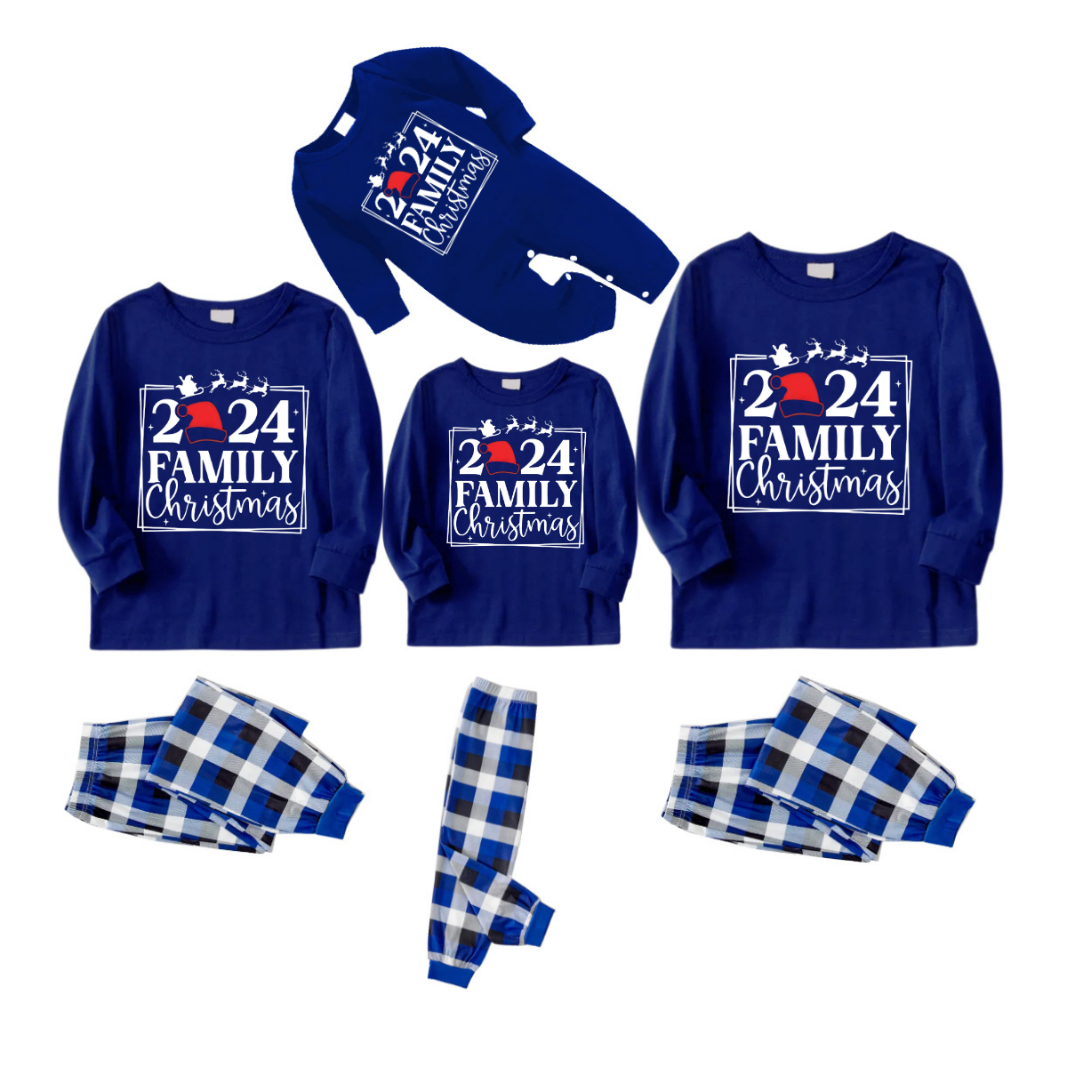 "2024 Family Christmas" Text and Reindeer Printed Blue and White Plaid Family Matching Pajamas