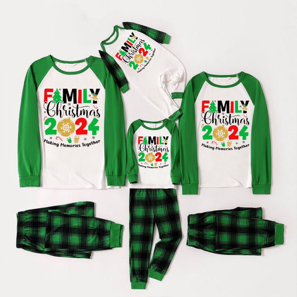 Family Memories Together Christmas 2024 Print Long Sleeve Top With Green & Black Plaid Christmas Family Matching Pajamas