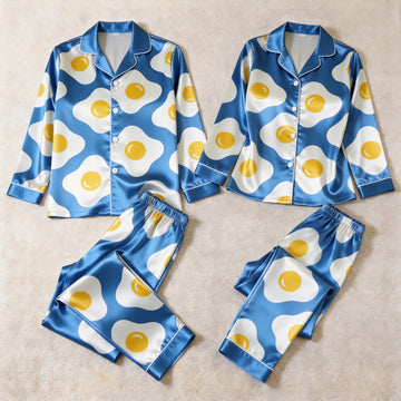 Playful Fried Egg Print Blue Satin Matching Pajamas for Couples – Long Sleeve Button-Down Top & Pants Sleepwear Set