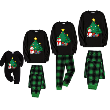 Christmas Tree And Smiling Snowman with Gift Pattern Black Long Sleeve Top with Black And Green Plaid Pants Family Matching Pajamas