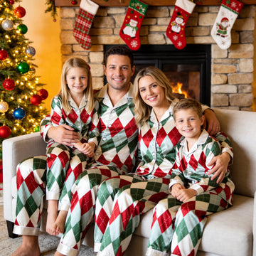 Red and Green Argyle Satin Button-Up Family Christmas Pajamas Set
