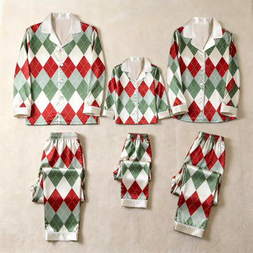 Red and Green Argyle Satin Button-Up Family Christmas Pajamas Set