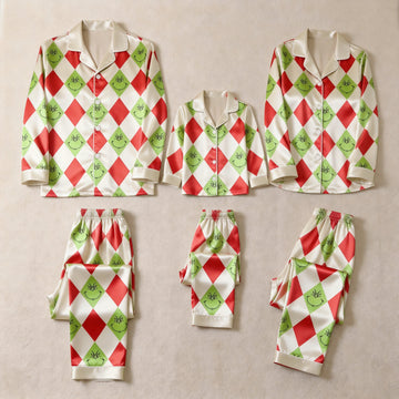 Red and Green Argyle Print Satin Button-Up Family Christmas Pajamas Set