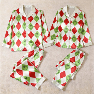 Funny Christmas Green Face Argyle Print Satin Matching Pajamas for Couples – Long Sleeve Button-Down Top & Pants Sleepwear Set