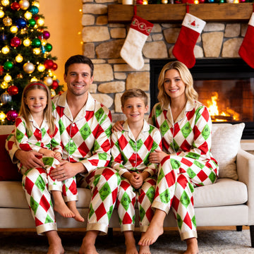 Red and Green Argyle Print Satin Button-Up Family Christmas Pajamas Set