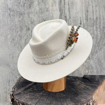 Cream Felt Fedora with Lace Band & Diamond Chain
