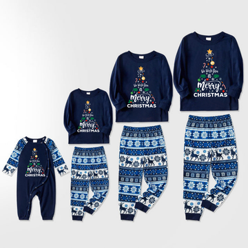 "We Wish You a Merry Christmas" Print Blue Family Christmas Matching Pajamas