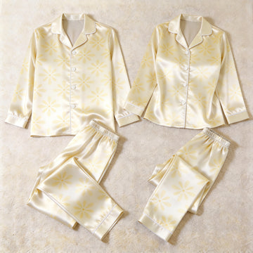 Soft Yellow Daisy Print Satin Matching Pajamas for Couples – Long Sleeve Button-Down Top & Pants Sleepwear Set