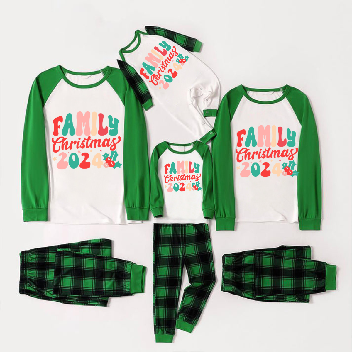 Christmas ‘ Family Christmas 2024’ Letter Print Patterned  Casual Long Sleeve Sweatshirts Green Contrast Tops and Black and Green Plaid Pants  Family Matching Raglan Long-sleeve Pajamas Sets With Dog Bandana