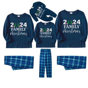 "2024 Family Christmas" Quirky Heart Letter Print Blue Long Sleeve Top With Blue Plaid Family Matching Pajamas