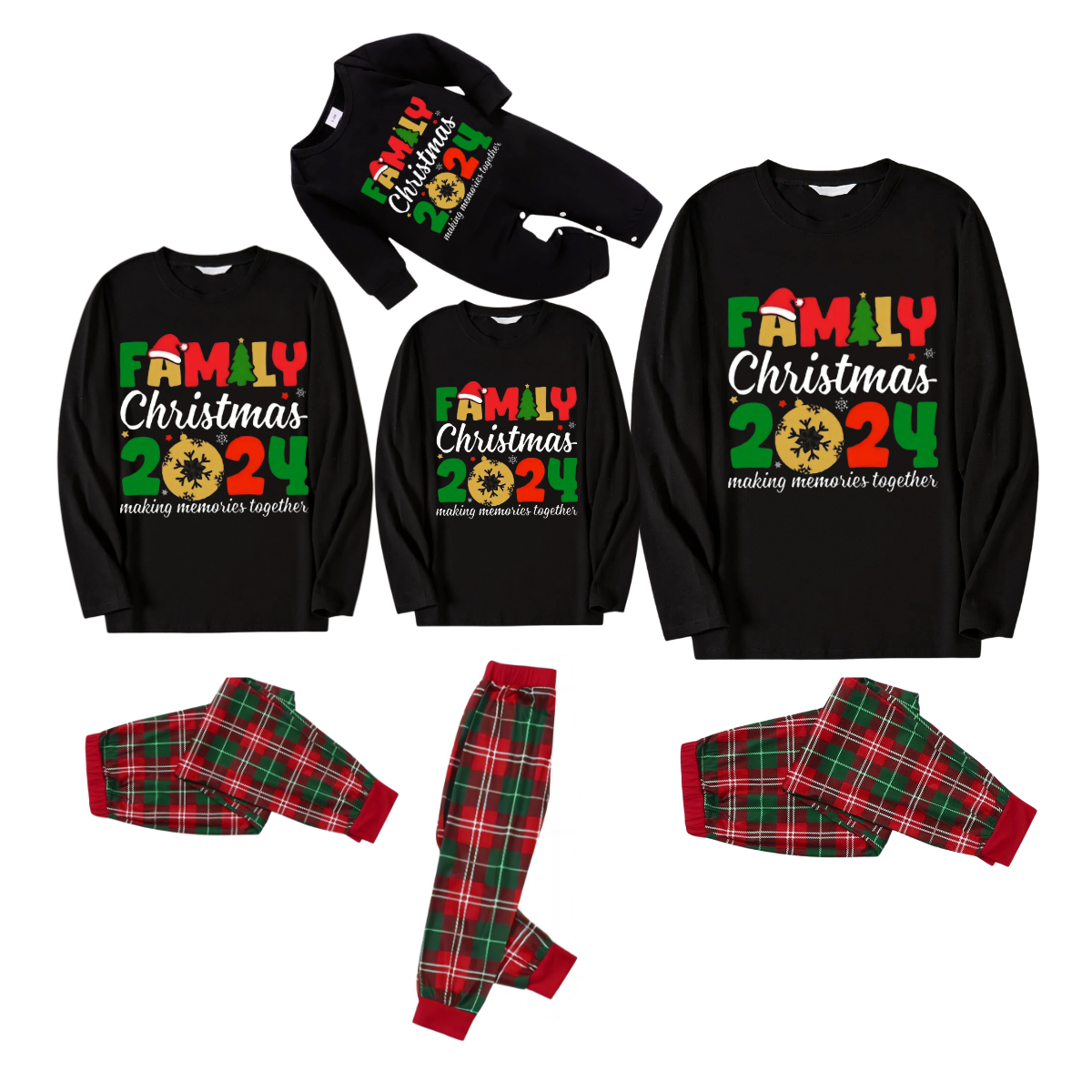 "2024 Family Christmas Making Memories Together" Printed Red and Green Plaid Christmas Matching Pajamas