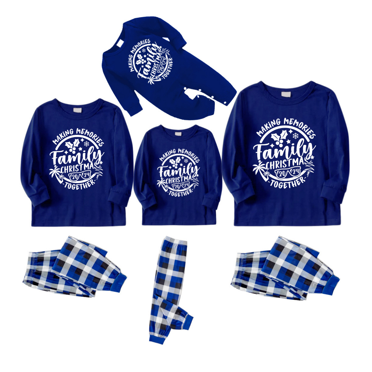 "2024 Family Christmas Making Memories Together" Printed Blue and White Plaid Family Matching Pajamas