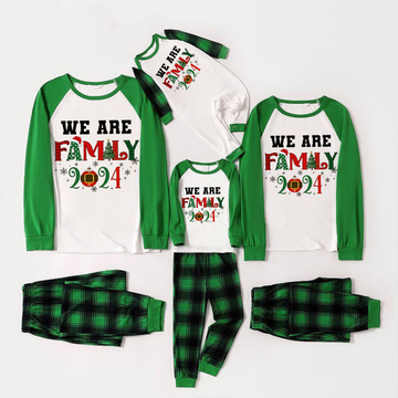 We are Family 2024 Print Long Sleeve Top With Green & Black Plaid Christmas Family Matching Pajamas