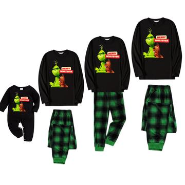 Cartoon Pattern and "Merry Whatever" Text Printed Black Long Sleeve Top with Black And Green Plaid Pants Family Matching Pajamas