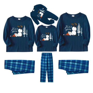 "Let it Snow" Slogan and Snowman Printed Blue Plaid Christmas Matching Pajamas