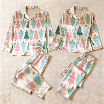 Colorful Christmas Tree Satin Matching Pajamas for Couples – Long Sleeve Button-Down Top & Pants Sleepwear Set