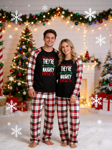 Funny Naughty Ones Letter Print Matching Couple Christmas Pajamas Holiday PJs