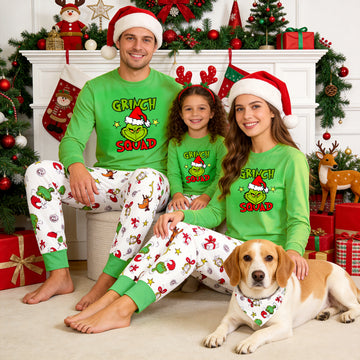 Grinch Squad Family Christmas Matching Pajamas Set with Santa Hat Graphic and Print Pants