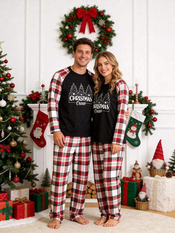 Classic Christmas Crew Print Raglan Matching Couple Christmas Pajamas Holiday Sleepwear