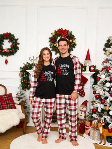 Rustic Plaid Tribe Print Black Raglan Matching Couple Christmas Pajamas PJs
