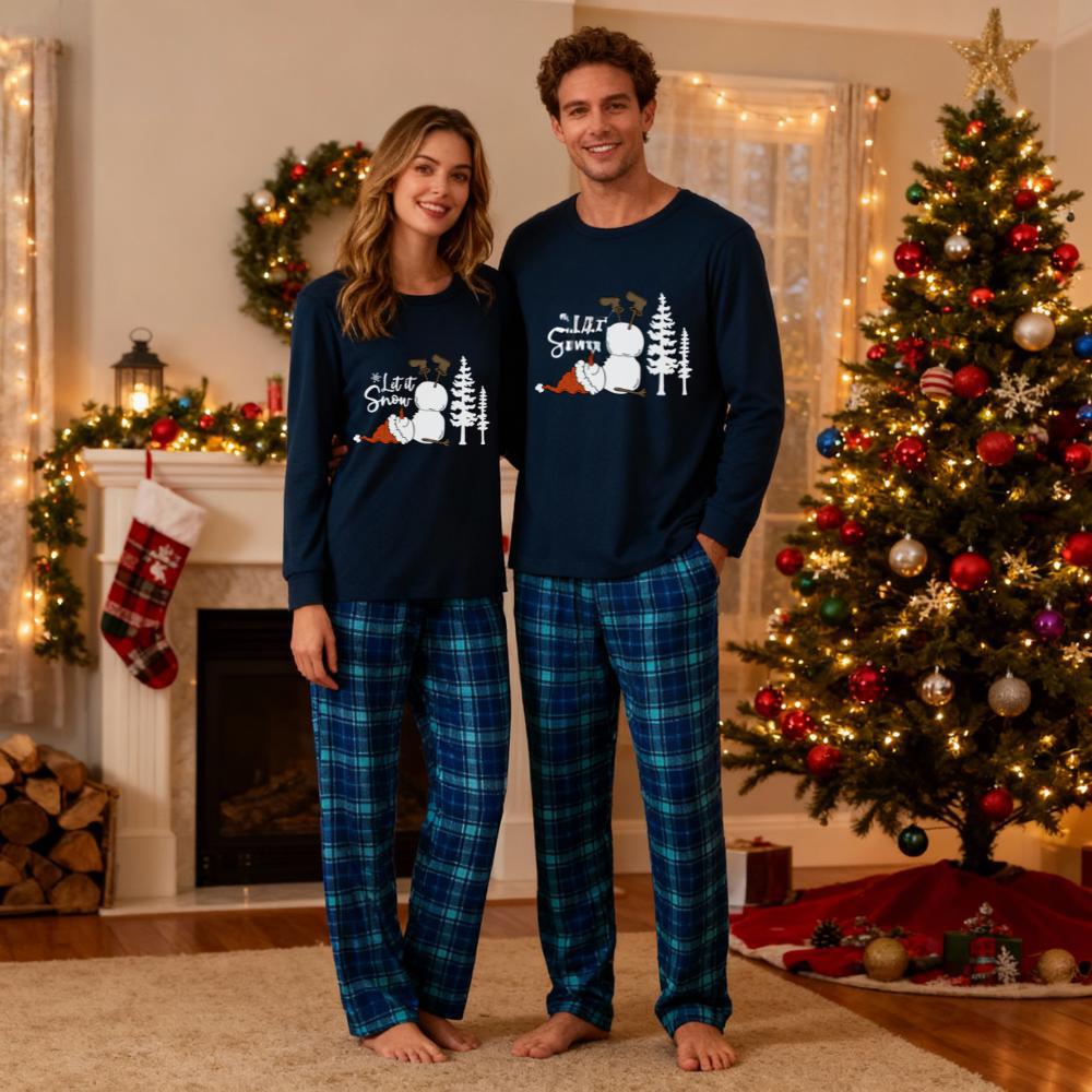 "Let it Snow" Slogan and Snowman Printed Blue Plaid Christmas Couple Matching Pajamas