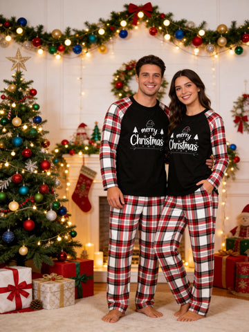 Minimalist Merry Christmas Tree Print Matching Couple Pajamas Holiday PJs