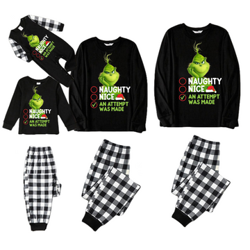 Cute Cartoon Pattern and Slogan Text Printed Black and White Plaid Family Matching Pajamas