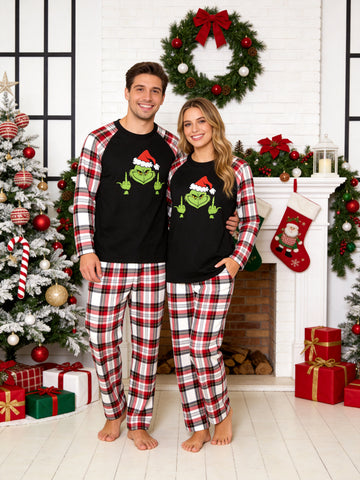 Funny Holiday Cartoon Style Print Black Raglan Matching Couple Christmas Pajamas