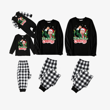 "I will be home for Christmas"Letter Printed Black&White Plaid Family Pajama Sets