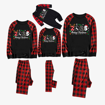 "2025 Merry Christmas" Text Print Black & Red Plaid Christmas Matching Pajamas