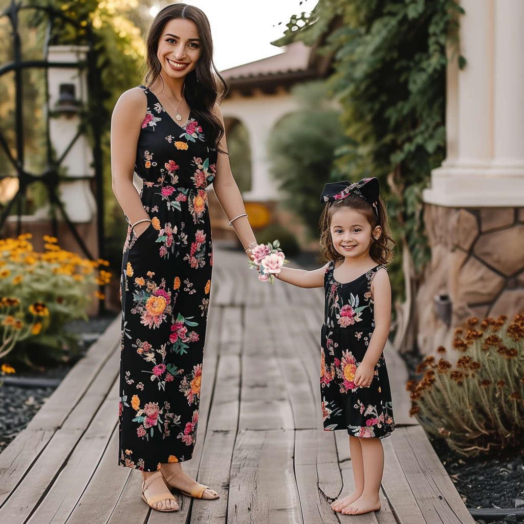 Mom and Daughter Matching Flower Print Outfit