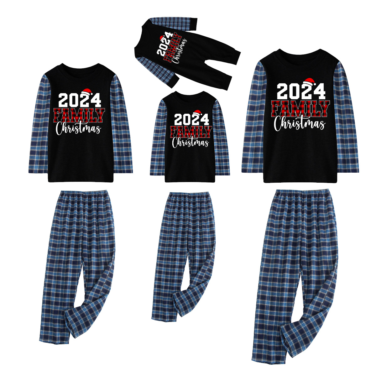 "2024 Family Christmas " Text Print Blue Plaid Family Christmas