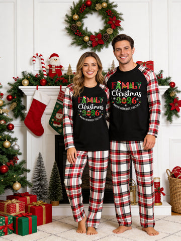 2026 Christmas Crew Circle Graphic Matching Couple Christmas Pajamas Holiday Set