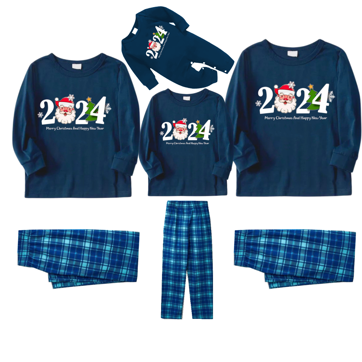 "2024" and Santa Claus Printed Blue Long Sleeve Top With Blue Plaid Family Matching Pajamas