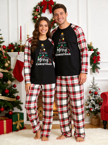 We Wish You a Merry Christmas Tree Matching Couple Pajamas Holiday PJs