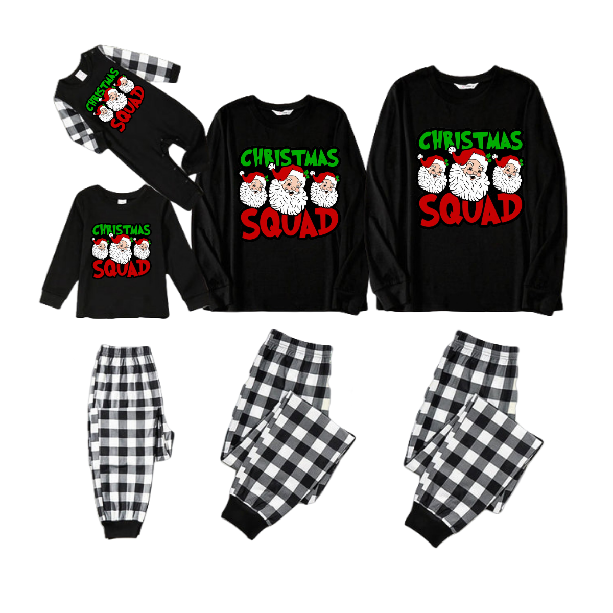 "Santa Squad" and Santa Claus Print Black Long Sleeve Top with Black And White Plaid Pants Family Matching Pajamas