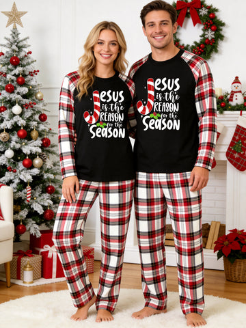 Faith Religious Candy Cane Jesus Matching Couple Christmas Pajamas Holiday Set